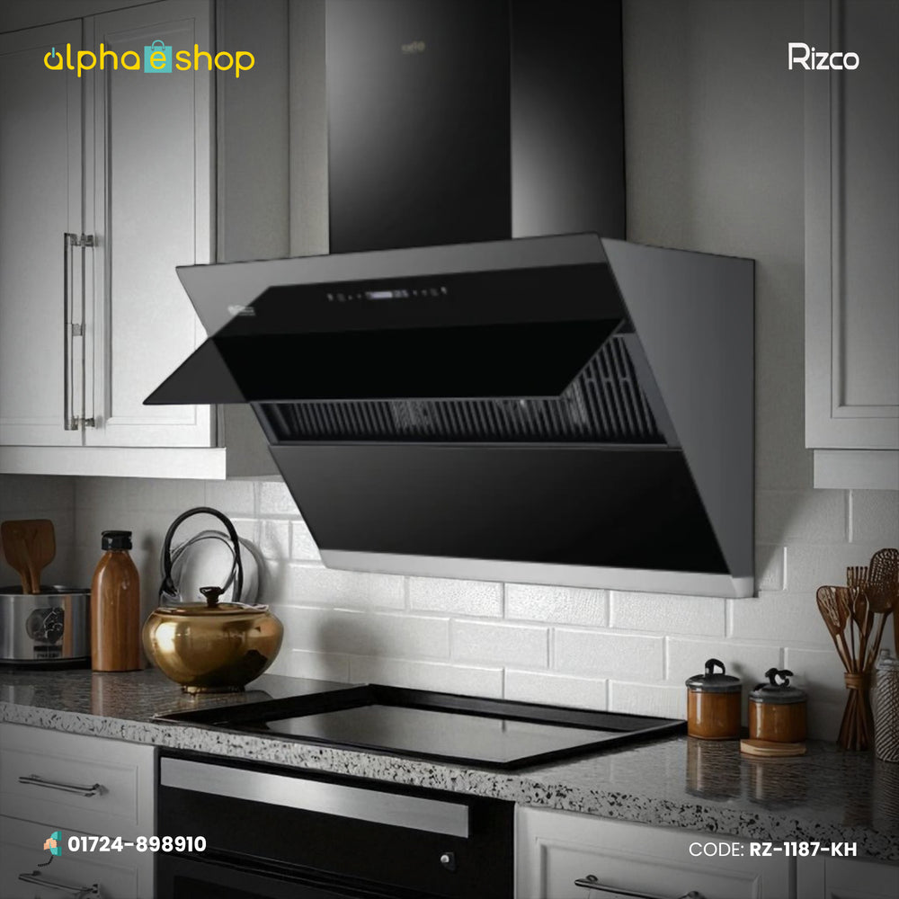 Rizco Luminous 123 30-inch kitchen hood in black finish. Available at Alphaeshop.