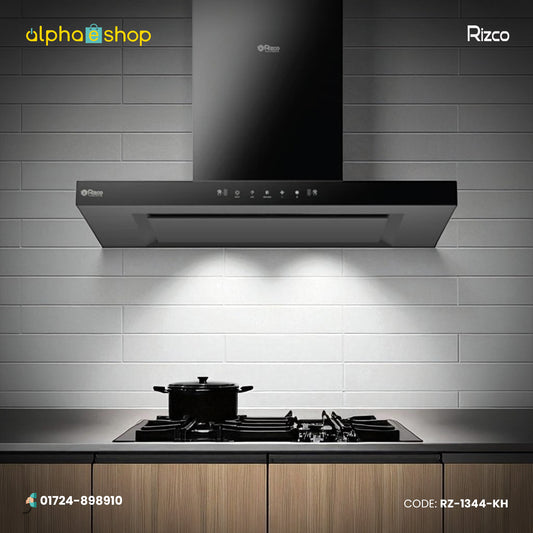 Rizco Luminous 125 30-inch kitchen hood in black finish. High-performance kitchen ventilation available at Alphaeshop.