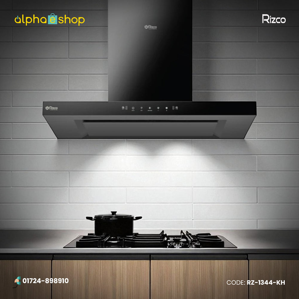 Rizco Luminous 125 30-inch kitchen hood in black finish. High-performance kitchen ventilation available at Alphaeshop.