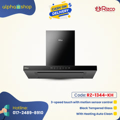 Rizco Luminous 125 30-inch kitchen hood in black, featuring 3-speed touch control with motion sensor, black tempered glass, and heating auto clean.