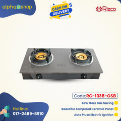 Rizco RTZ 301 28.5-inch double gas burner in black, featuring a tempered ceramic panel, auto electric ignition, and gas-saving technology. Available at Alphaeshop.