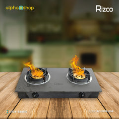 Rizco RTZ 301 28.5-inch double gas burner in black, featuring a tempered panel and copper burner design. Available at Alphaeshop.
