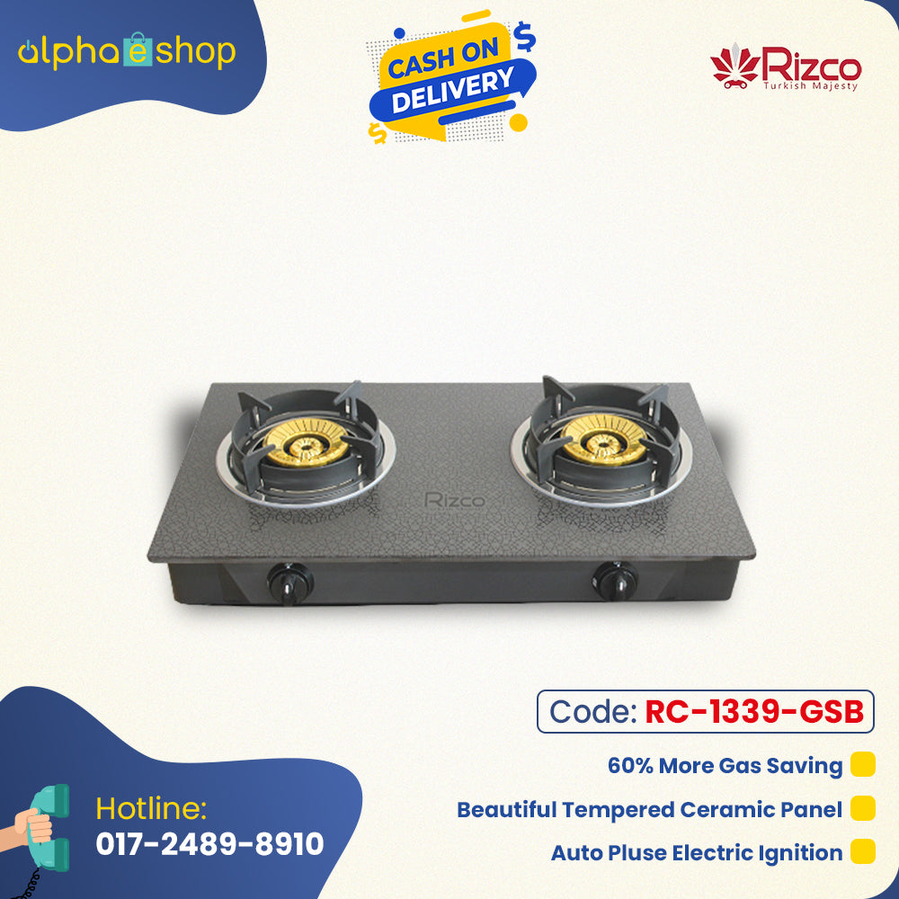 Rizco RTZ 302 28.5-inch double gas burner in black, featuring a tempered ceramic panel, auto electric ignition, and gas-saving technology. Available at Alphaeshop.