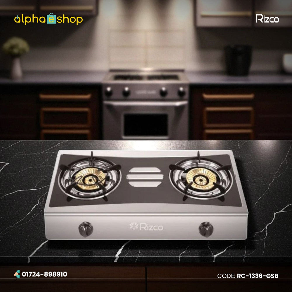 Rizco RTZ 303 27-inch double burner gas stove in black and silver finish. Available at Alphaeshop.