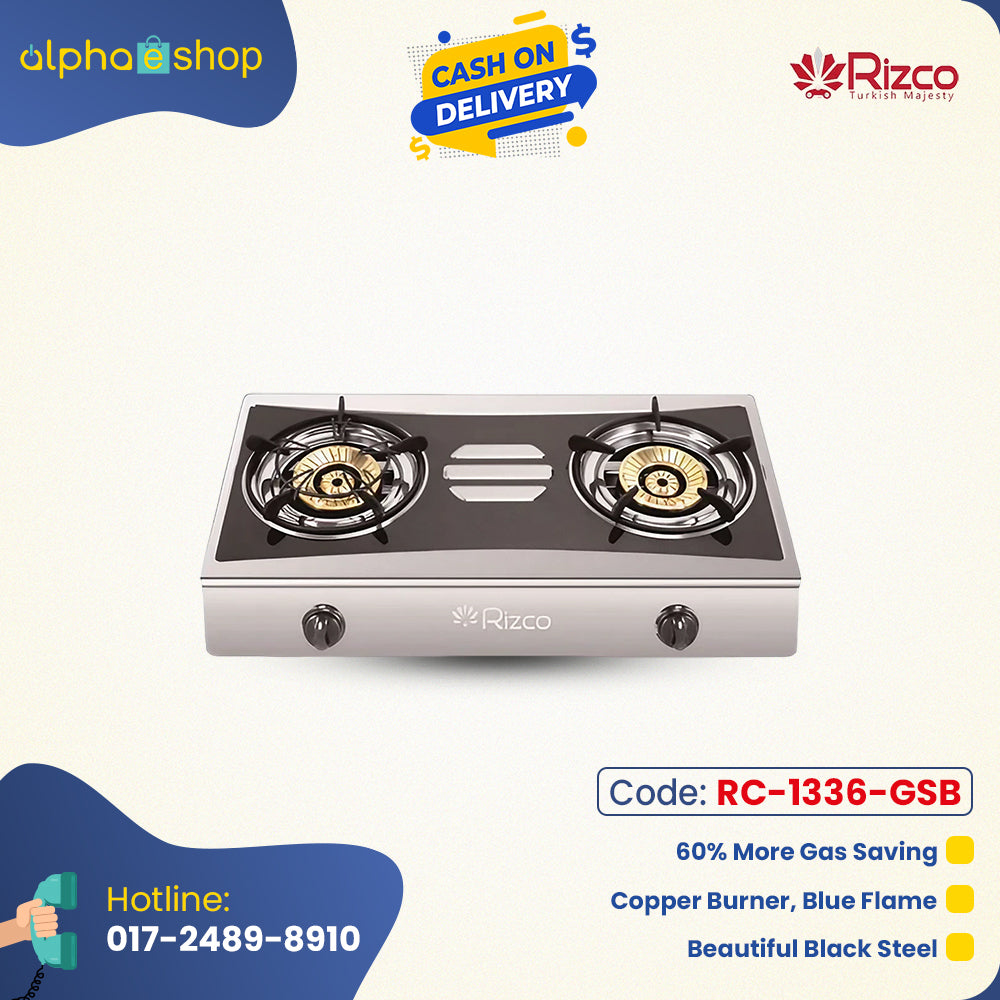 Rizco RTZ 303 27-inch double gas burner in black and silver, featuring copper burners for blue flame and gas-saving efficiency. Available at Alphaeshop.
