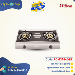 Rizco RTZ 303 27-inch double gas burner in black and silver, featuring copper burners for blue flame and gas-saving efficiency. Available at Alphaeshop.