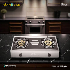 Rizco RTZ 303 27-inch double burner gas stove in black and silver finish. Available at Alphaeshop.