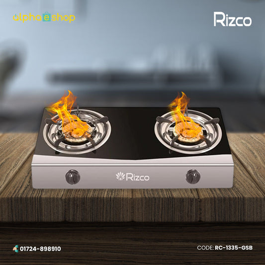 Rizco RTZ 305 27-inch double burner gas stove in black and silver finish. Available at Alphaeshop.