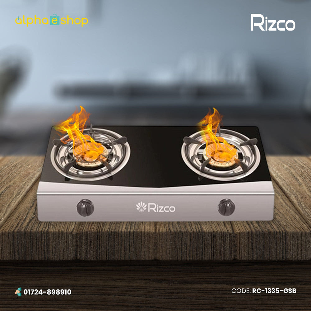 Rizco RTZ 305 27-inch double burner gas stove in black and silver finish. Available at Alphaeshop.
