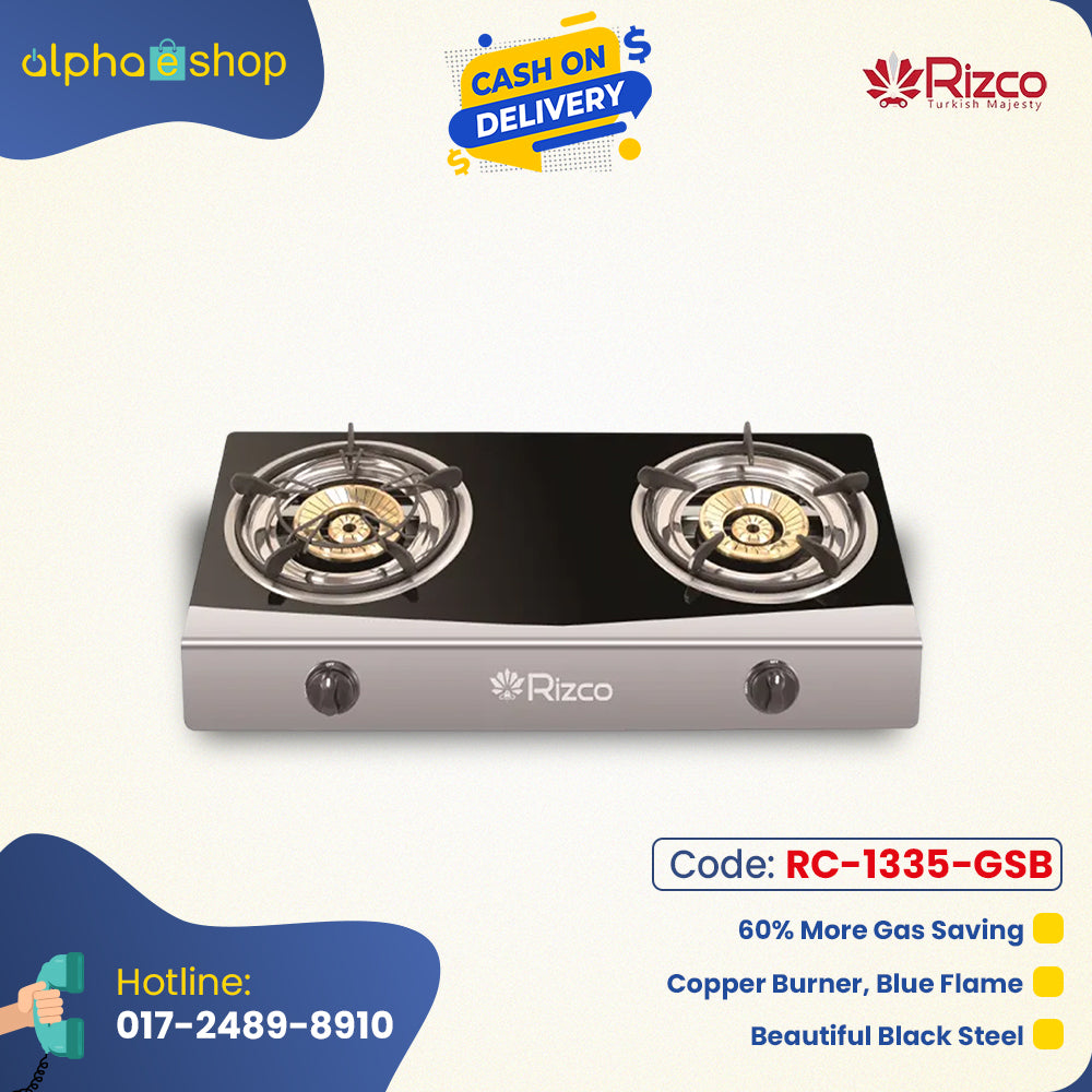 Rizco RTZ 305 27-inch double gas burner in black and silver, featuring copper burners for blue flame and gas-saving efficiency. Available at Alphaeshop.