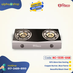 Rizco RTZ 305 27-inch double gas burner in black and silver, featuring copper burners for blue flame and gas-saving efficiency. Available at Alphaeshop.