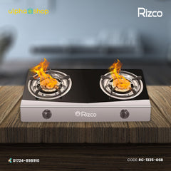 Rizco RTZ 305 27-inch double burner gas stove in black and silver finish. Available at Alphaeshop.