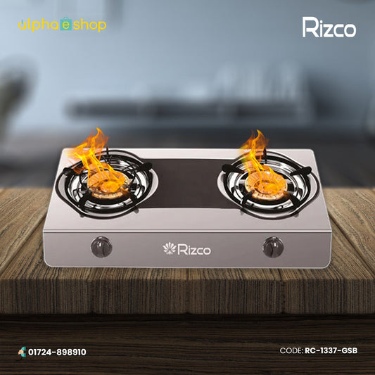 Rizco RTZ 307 27-inch double burner gas stove in black and silver finish. Available at Alphaeshop.
