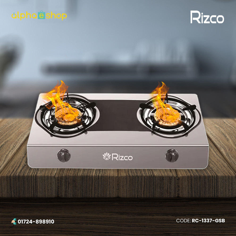 Rizco RTZ 307 27-inch double burner gas stove in black and silver finish. Available at Alphaeshop.