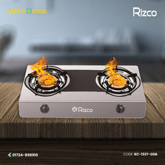 Rizco RTZ 307 27-inch double burner gas stove in black and silver finish. Available at Alphaeshop.