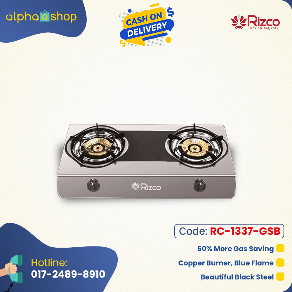 Rizco RTZ 307 27-inch double gas burner in black and silver, featuring copper burners for blue flame and gas-saving efficiency. Available at Alphaeshop.