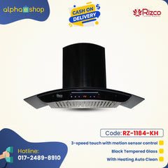 Rizco RZHC 905 36-inch kitchen hood in black, featuring 3-speed touch control with motion sensor, black tempered glass, and heating auto clean.