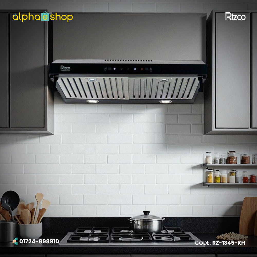 Rizco RZHS 701 kitchen hood in black. High-performance kitchen ventilation available at Alphaeshop.