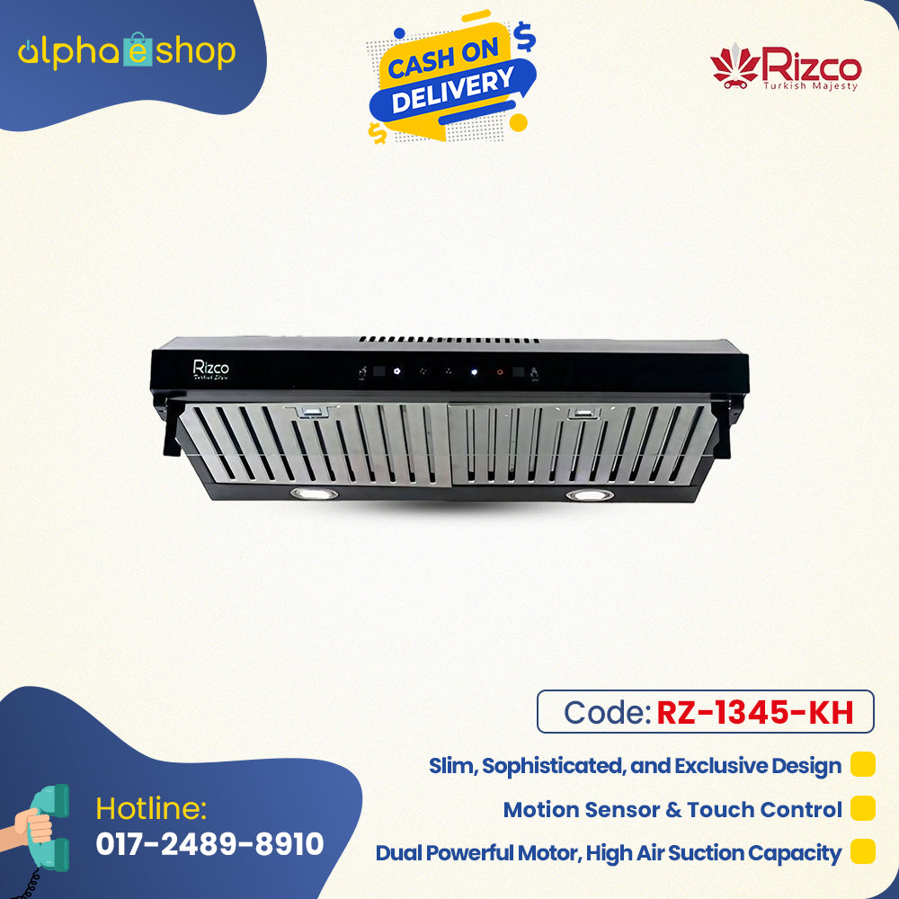 Rizco RZHS 701 slim kitchen hood in black, featuring motion sensor, touch control, dual powerful motor, and high air suction capacity.