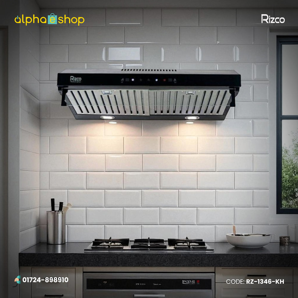 Rizco RZHS 801 kitchen hood in black. High-performance kitchen ventilation available at Alphaeshop.