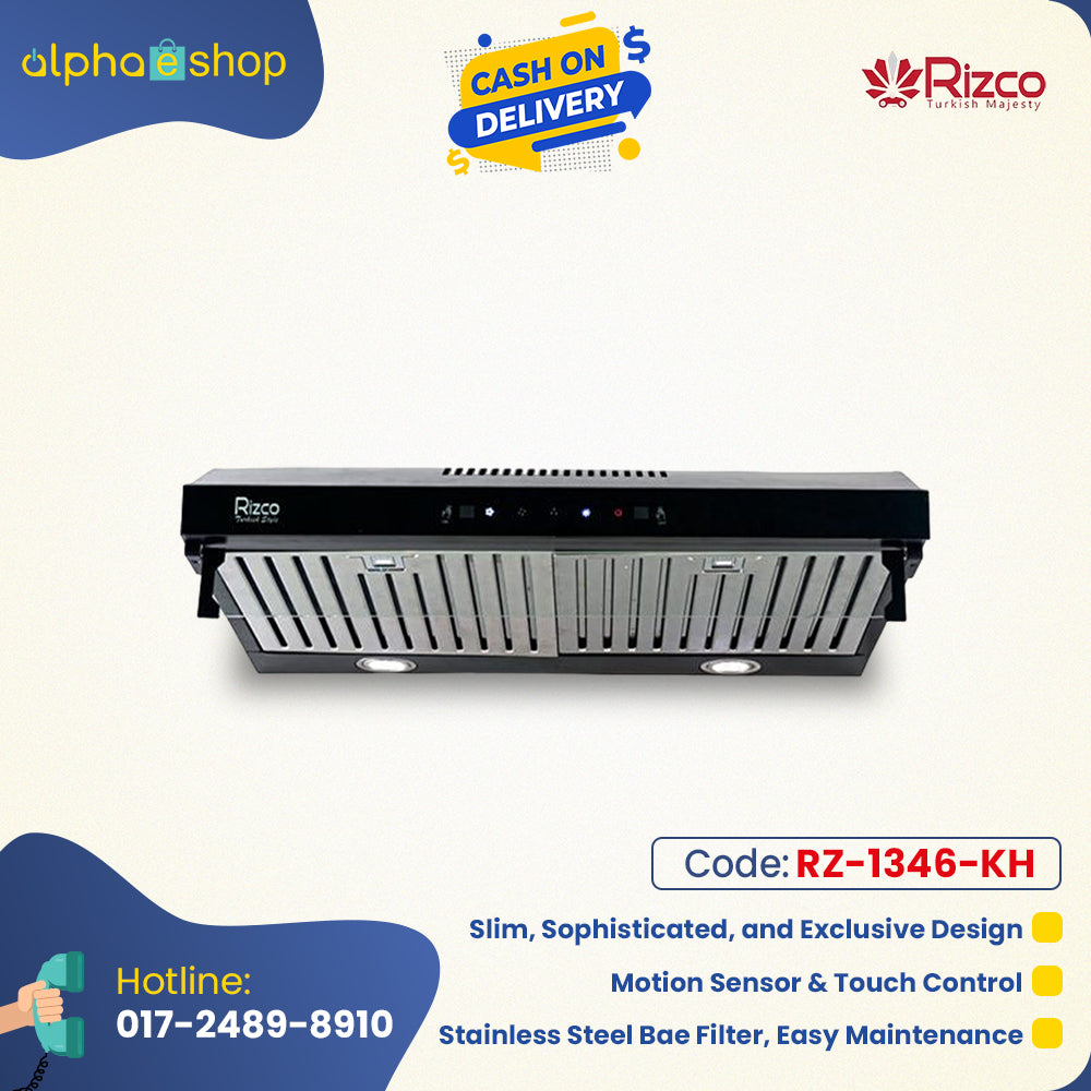Rizco RZHS 801 slim kitchen hood in black, featuring motion sensor, touch control, stainless steel baffle filter, and easy maintenance.