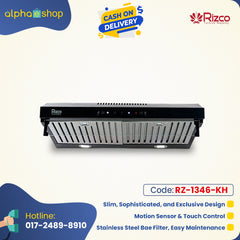 Rizco RZHS 801 slim kitchen hood in black, featuring motion sensor, touch control, stainless steel baffle filter, and easy maintenance.