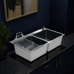 Rizco Senorita 32 NB KC stainless steel double-bowl kitchen sink with drying rack. Durable satin finish design available at Alphaeshop.