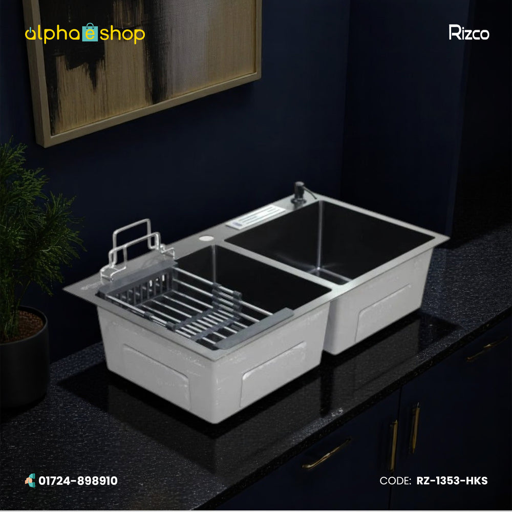 Rizco Senorita 32-inch double bowl kitchen sink with white frame and black interior. Available at Alphaeshop.