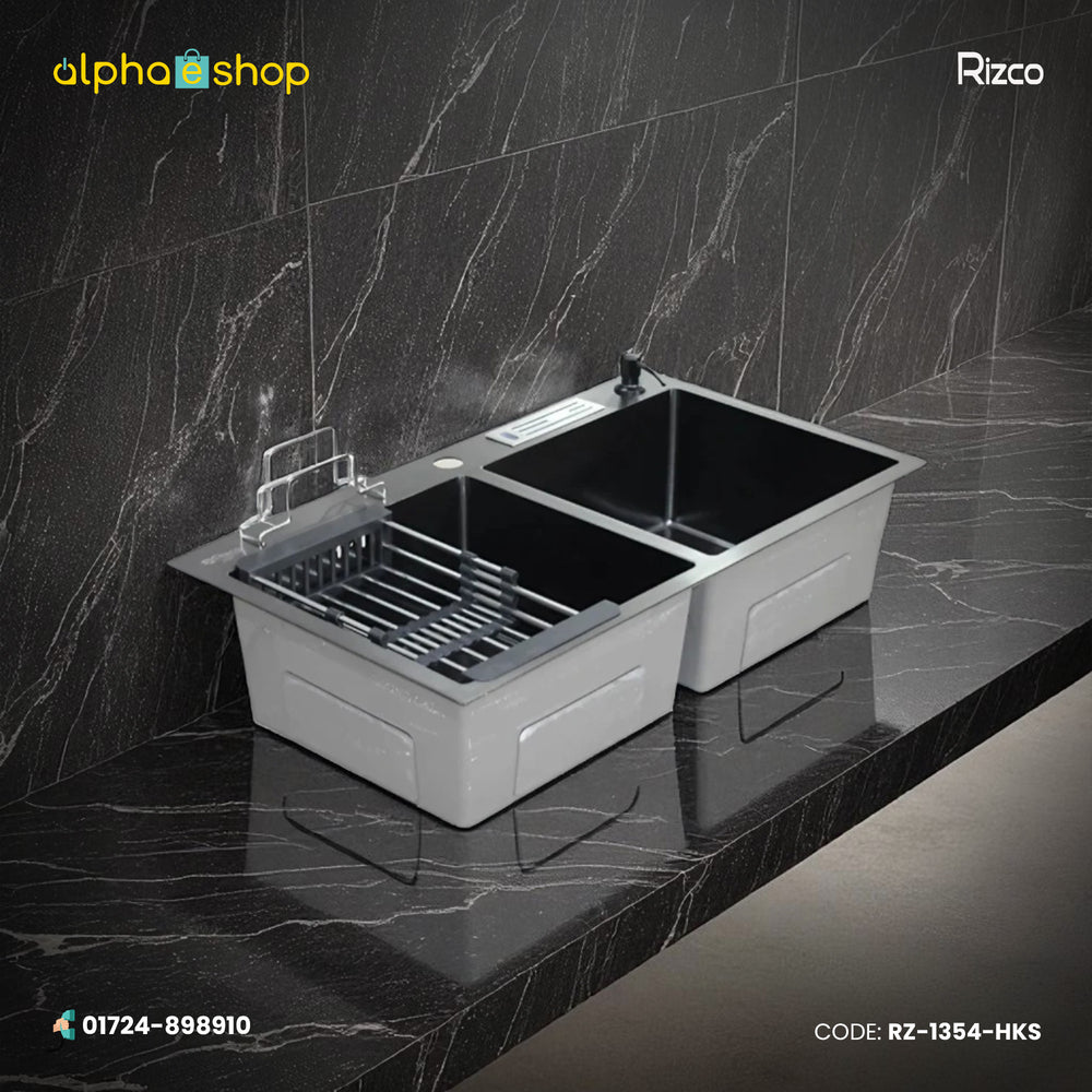 Rizco Senorita 36-inch double-bowl stainless steel kitchen sink with drying rack. High-quality sink available at Alphaeshop.
