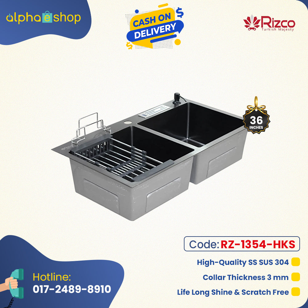 Rizco Senorita 36-inch stainless steel kitchen sink with drying rack, featuri