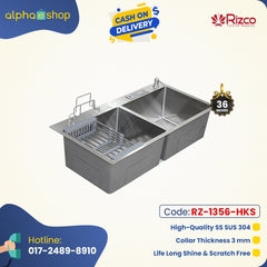 Rizco 36-inch stainless steel kitchen sink. Features high-quality SUS 304, 3mm collar thickness, and a scratch-free, lifelong shine.