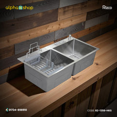 Rizco Senorita 36-inch stainless steel double-bowl kitchen sink with drying rack. Durable design available at Alphaeshop.