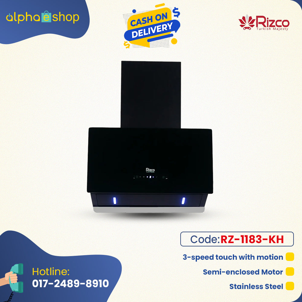 Rizco Supreme 104 kitchen hood in black, featuring 3-speed touch control with motion sensor, semi-enclosed motor, and stainless steel construction.