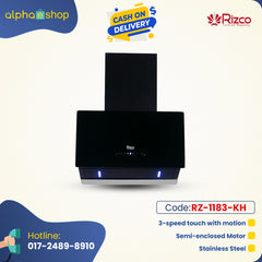Rizco Supreme 104 kitchen hood in black, featuring 3-speed touch control with motion sensor, semi-enclosed motor, and stainless steel construction.