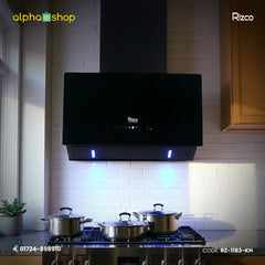 Rizco Supreme 104 kitchen hood in black with integrated lighting. High-performance kitchen ventilation available at Alphaeshop.