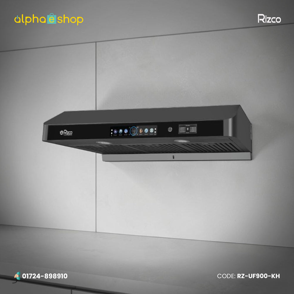 Rizco UltraFlow 900 36-inch kitchen hood with voice, touch and motion controls, heat auto clean and digital display.