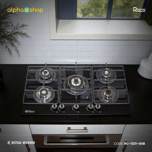 Rizco Vintage 735 34-inch five-burner gas stove in black finish. Available at Alphaeshop.