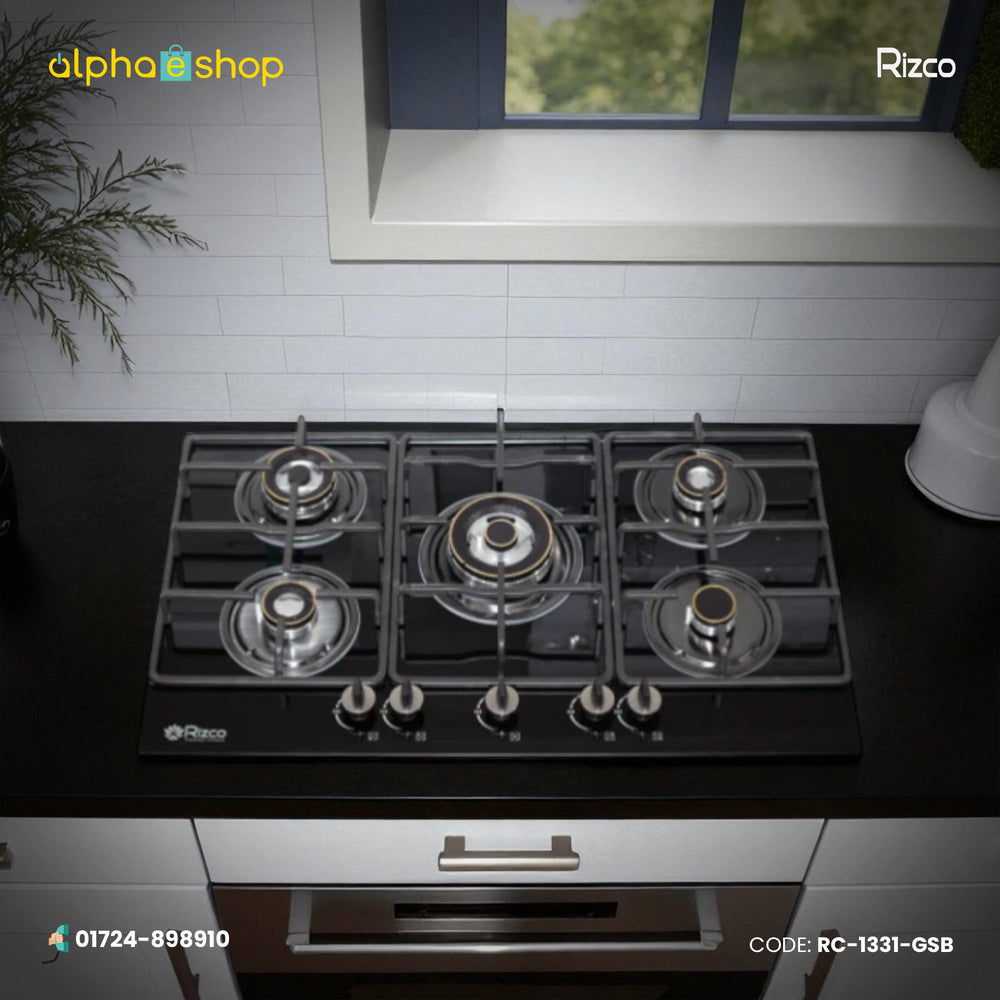 Rizco Vintage 735 34-inch five-burner gas stove in black finish. Available at Alphaeshop.