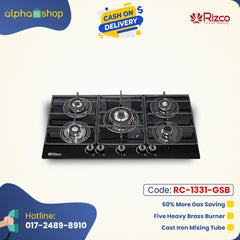 Rizco Vintage 735 34-inch five-burner gas stove in black, featuring heavy brass burners, cast iron mixing tubes, and 60% gas savings. Available at Alphaeshop.