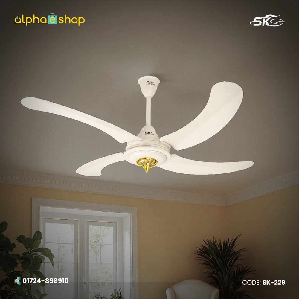 SK Antique Plus 56-inch off-white ceiling fan with 4 curved blades and decorative gold motor accents, model SK-229.
