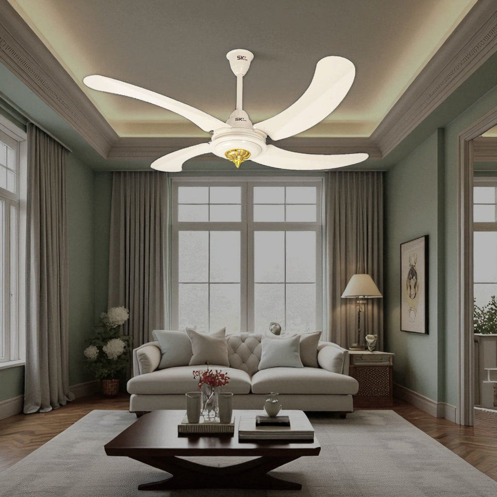SK Antique Plus 56-inch off-white ceiling fan with 4 curved blades and decorative gold motor accents, model SK-229.