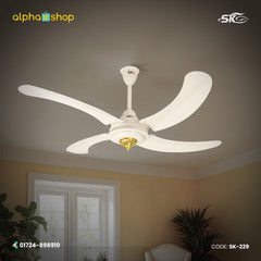 SK Antique Plus 56-inch off-white ceiling fan with 4 curved blades and decorative gold motor accents, model SK-229.