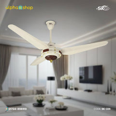SK Caroma Plus 56-inch ceiling fan with 4 cream blades and wooden decorative motor accents, model SK-226.