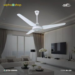 SK Super Deluxe 56-inch white non-inverter ceiling fan with 3 blades and a clean modern design, model SK-228.