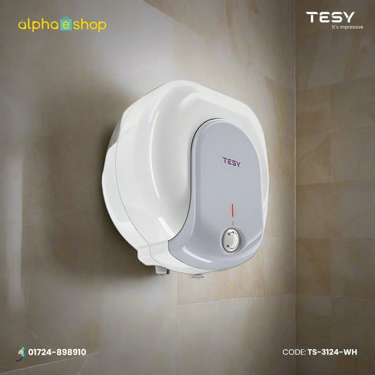 Tesy Compact 15L white storage water heater with wall-mounted design, temperature control dial and indicator light.