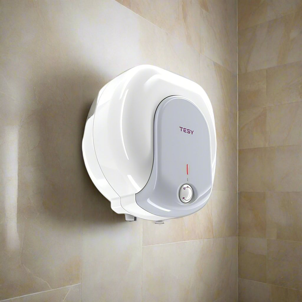 Tesy Compact 15L white storage water heater with wall-mounted design, temperature control dial and indicator light.
