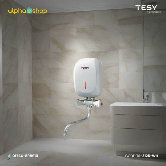 Tesy instantaneous water heater in white with compact wall-mounted design, indicator light and connected faucet.