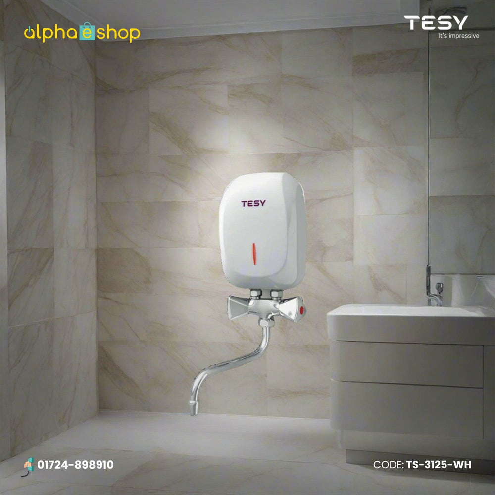 Tesy instantaneous water heater in white with compact wall-mounted design, indicator light and connected faucet.