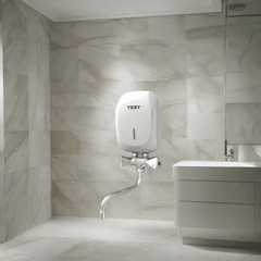 Tesy instantaneous water heater in white with compact wall-mounted design, indicator light and connected faucet.