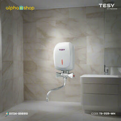 Tesy instantaneous water heater in white with compact wall-mounted design, indicator light and connected faucet.